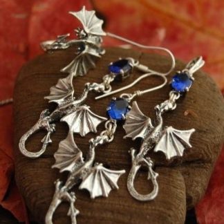 DRAGON - srebrny komplet smoki z szafirem