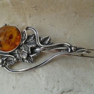 SECESJA - srebrna spinka do włosów z bursztynem