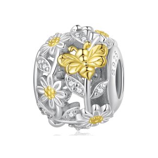 Kula z pozłacaną biedronką i kwiatami srebrny charms koralik beads
