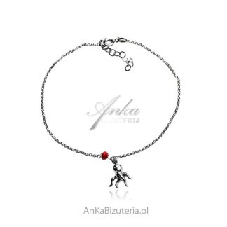 Bransoletka srebrna na nogę  z czerwonym koralem - ośmiorniczka