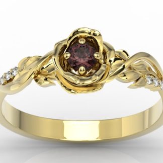 Pierścionek z żółtego złota w kształcie róży z granatem i diamentami LP-7715Z