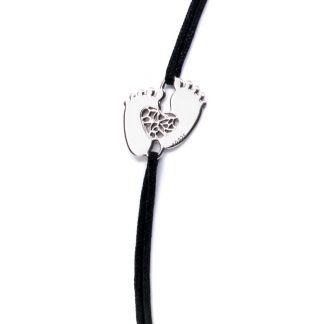 Bransoletka srebrna stópki dziecka na czarnym sznureczku