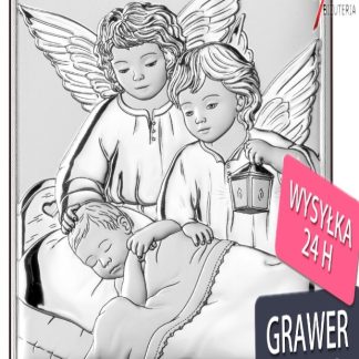 Obrazek srebrny aniołek nad dzieciątkiem 10*14 cm -pamiątka