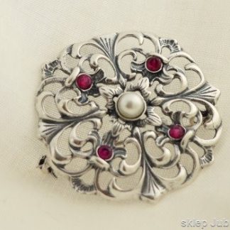 DOROTA - srebrna rozeta perła i rubiny
