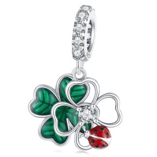 Koniczynki z biedronką oraz grawerem charms srebro 925 zawieszka beads