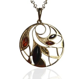 Zawieszka srebrna pozłacana z wiśniowym, koniakowym i zielonym bursztynem