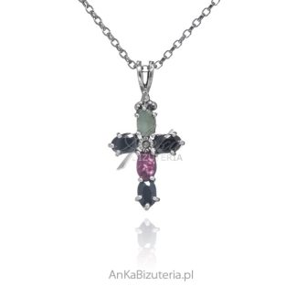 Srebrny krzyżyk z naturalnymi kamieniami : szafirem, szmaragdem i rubinem