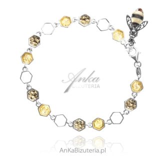 Bransoletka srebrna z bursztynem pszczoła na plastrach miodu