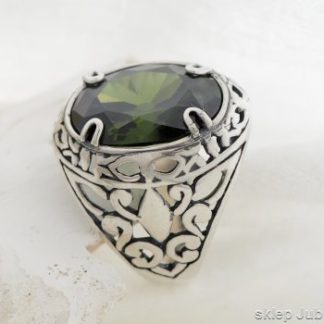 srebrny pierścień, sygnet z oliwinem LEON