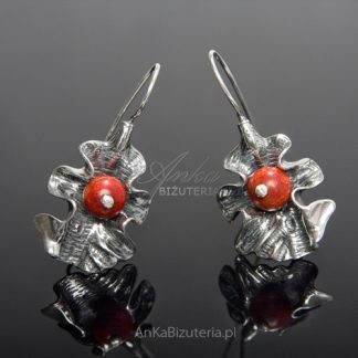 Kolczyki srebrne oksydowane z koralem -koralowa jesień
