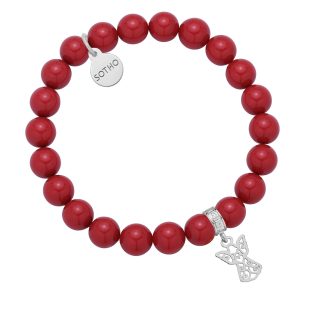 Czerwona bransoletka z pereł SWAROVSKI® CRYSTAL ze srebrnym ażurowym aniołkiem