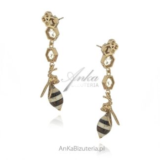 Kolczyki srebrne pozłacane z bursztynem pszczoły na plastrze miodu