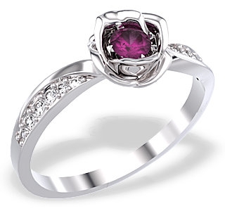 Pierścionek z białego złota w kształcie róży z rubinem i diamentami LP-4221B