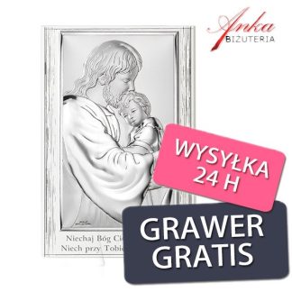 Obrazek srebrny jezus tulący dziecko na białym drewnie 9 cm/13,5 cm