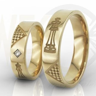 Obrączki ślubne dla szachistów z żółtego złota, w damskiej z brylanty oprawione w karo OB-05Z-R-D-PARA