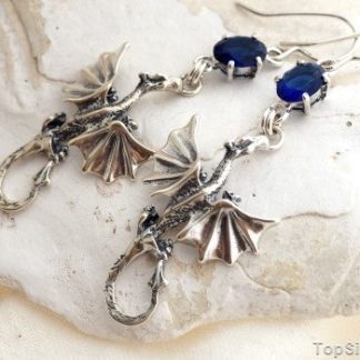 DRAGON - srebrne kolczyki smok z szafirem