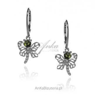 Kolczyki srebrne z zielonym bursztynem ważki