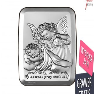 Srebrny obrazek aniołek z latarenką nad dzieckiem 6* 9 cm "aniele boży.."