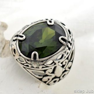 srebrny pierścień sygnet z oliwinem - LEON