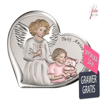 Obrazek na prezent  aniołek nad dzieckiem dla dziewczynki 11 cm*9,6 cm