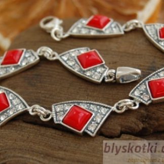 MORONI - srebrna bransoletka z koralem i kryształkami