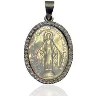 Srebrny medalik z masą perłową i białymi cyrkoniami matka boska cudowna