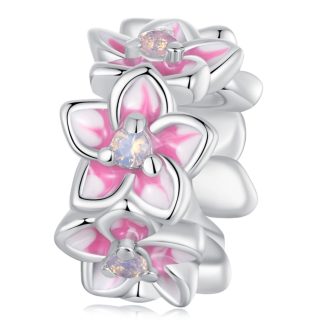 Różowe drobne kwiatki srebrny emaliowany charms koralik beads