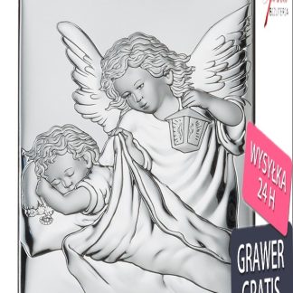 Srebrny obrazek aniołek z latarenką nad dzieckiem 7* 9 cm - z modlitwą  z tyłu obrazka