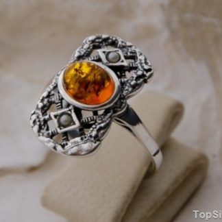 IRIS - srebrny pierścionek z bursztynem i perłami