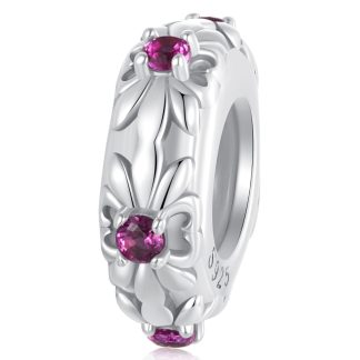 Stoper w kwiaty z różowymi kryształkami charms do bransoletki srebro 925
