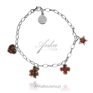 Bransoletka srebrna  z przywieszkami z bursztynu