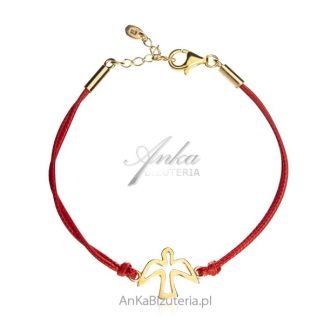 Bransoletka srebrna pozłacana na czeronym  sznureczku znak ducha świętego