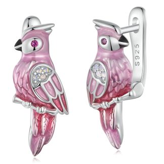 Różowe papugi srebrne kolczyki bigle zamykane srebro 925 kryształki