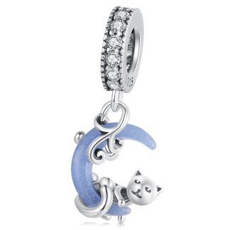 Księżyc świecący w ciemności z kotkiem charms srebrna zawieszka beads
