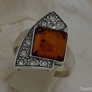 GIOCO - srebrny pierścionek z bursztynem i kryształkami