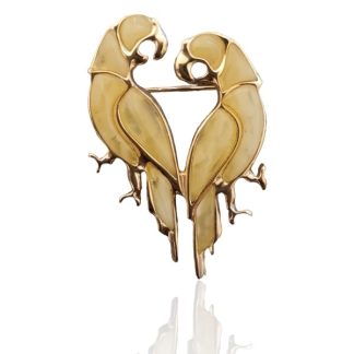 Wyjątkowa biżuteria srebrna z bursztynem -papużki -  broszka srebrna pozłacana  z żółtym bursztynem