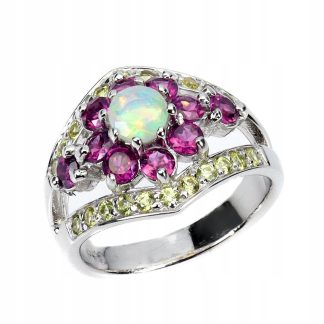 Srebrny 925 pierścionek naturalny opal ognisty szafiry granaty r 15