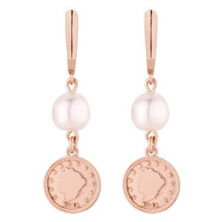 Długie kolczyki z różowego złota z monetami i perłami SWAROVSKI® CRYSTAL