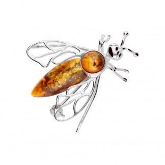 Broszka srebrna mucha z koniakowym bursztynem
