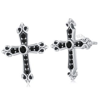 Krzyże ozdobione czarnymi kryształami kolczyki sztyfty srebro 925