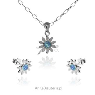 Komplet biżuteria srebrna słoneczniki z niebieskim opalem