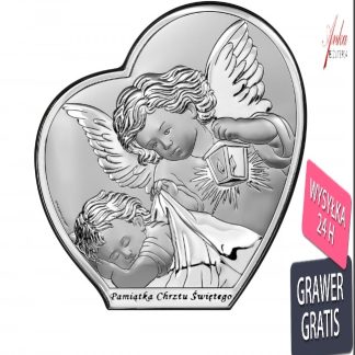 Obrazek srebrny aniołek nad dzieciątkiem 12*14 cm -pamiątka