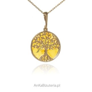 Piękne pozłacane drzewko szczęścia z bursztynem mała - srebro pr. 925