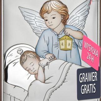 Aniołek z latarenką nad dzieciątkiem - obrazek srebrny 10 cm*14 cm