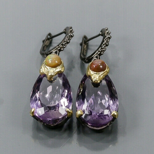 925 Artystyczne kolczyki 39ct ametysty opale 2