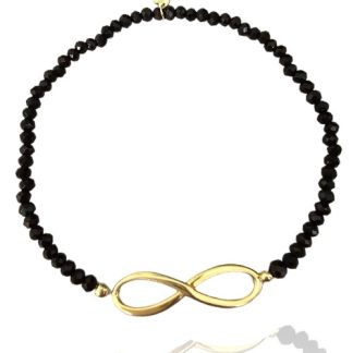 Bransoletka srebrna pozłacana z czarnymi spinelami nieskończoność