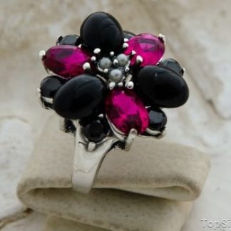 DELFIA - srebrny pierścień rubiny, perły i onyksy