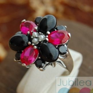 DELFIA - srebrny pierścień rubiny, perły i onyksy