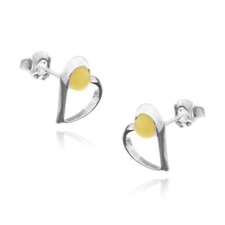 Kolczyki srebrne serduszkaz żółtym bursztynem