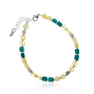 Bransoletka srebrna  z żółto - białym bursztynem i turkusem - kosteczki